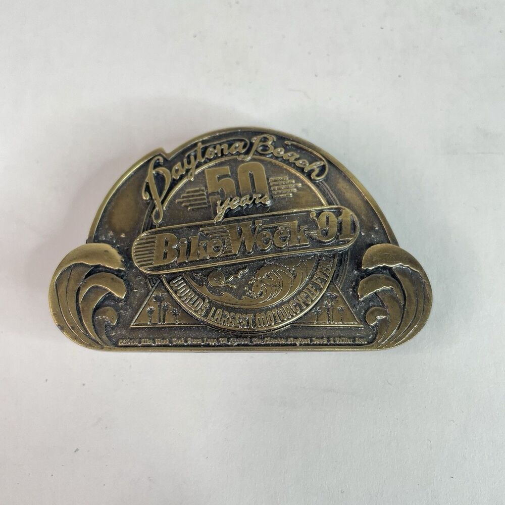 Vintage Daytona Bike Week 1991 Belt Buckle, 50th Anniversary, Brass Sands Biker